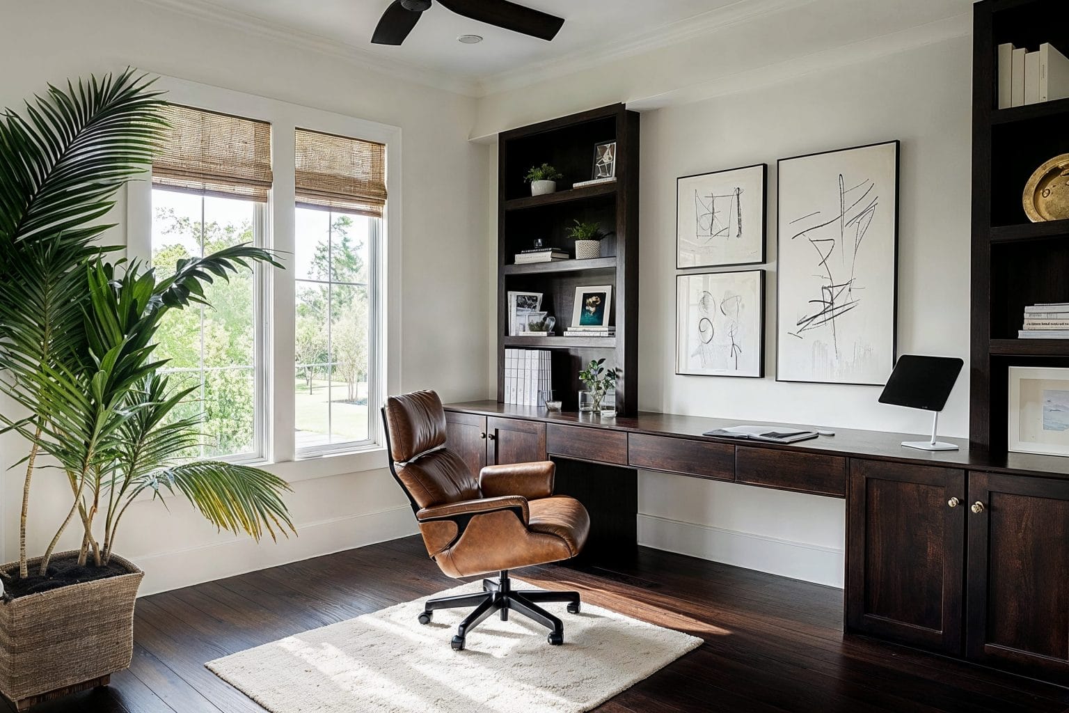 A wooden desk adds warmth, while a glass or metal desk offers a modern look.