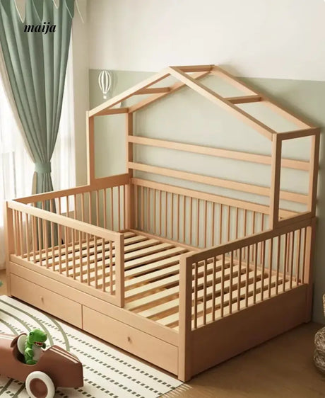IJOYS Natural Wood Children's Crib with Fence and Bookshelf from IJOYS