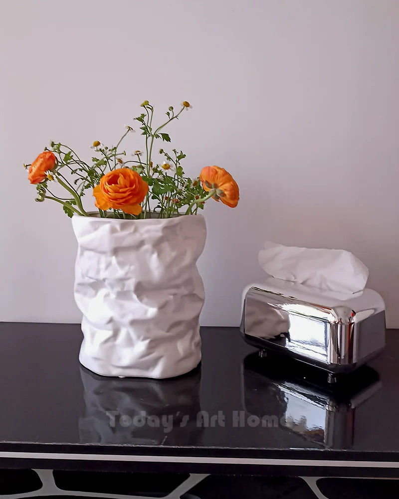 TODAYARTIST Sylvie Folded White Ceramic Flower Vase with Modern Charm from TODAYARTIST