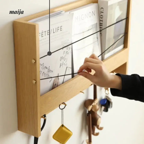OGI NO RYOHIN Wall Magazine Shelf with Solid Wood Hooks from HOBBYTREE
