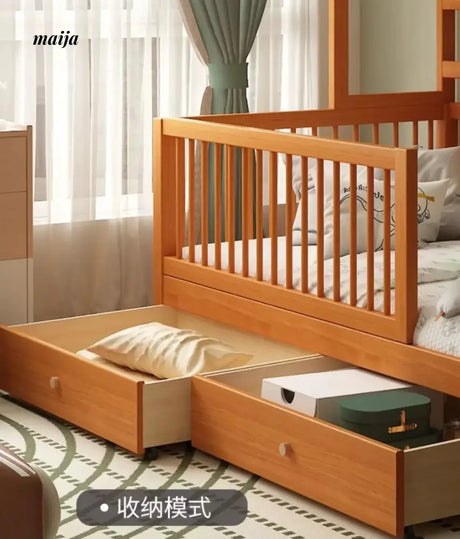IJOYS Natural Wood Children's Crib with Fence and Bookshelf from IJOYS