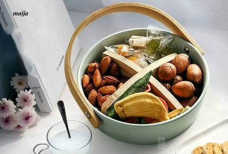 JOTO Ceramic Fruit Platter with Bamboo Lifted Handle from JOTO