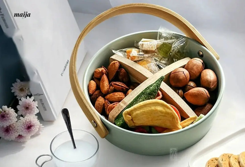 JOTO Ceramic Fruit Platter with Bamboo Lifted Handle from JOTO