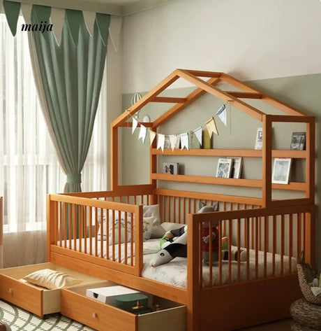 IJOYS Natural Wood Children's Crib with Fence and Bookshelf from IJOYS