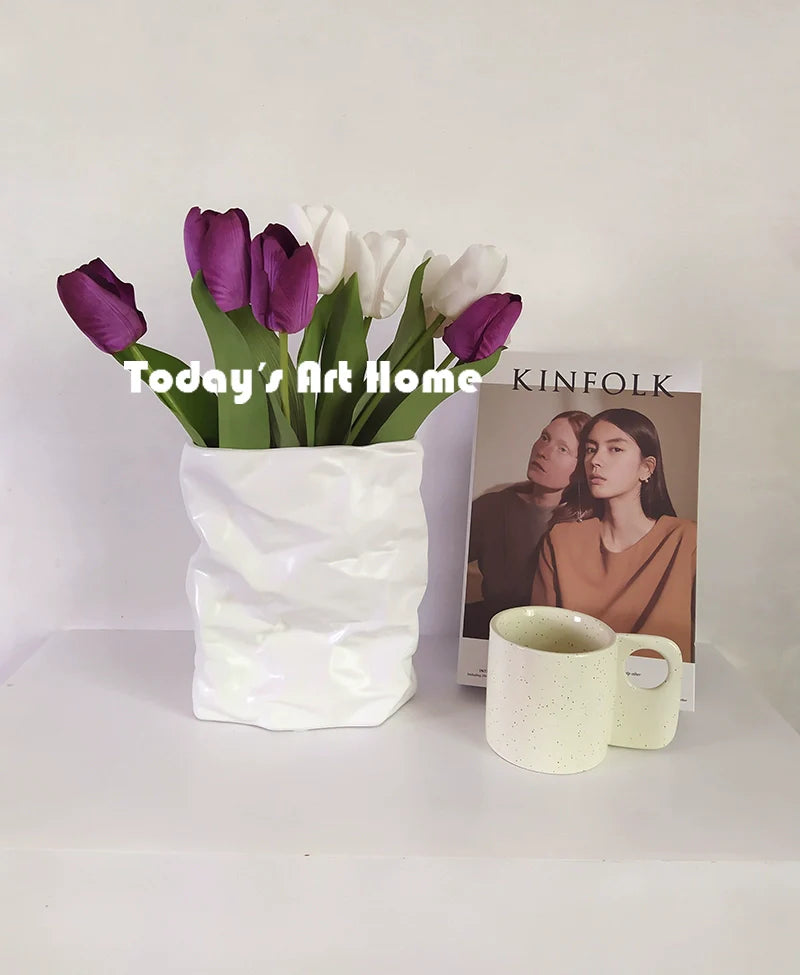 TODAYARTIST Sylvie Folded White Ceramic Flower Vase with Modern Charm from TODAYARTIST