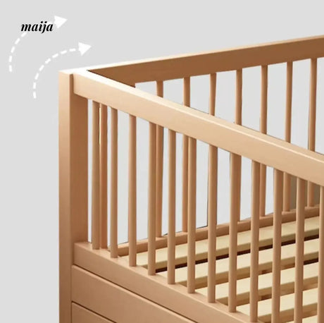 IJOYS Natural Wood Children's Crib with Fence and Bookshelf from Kaiyashi