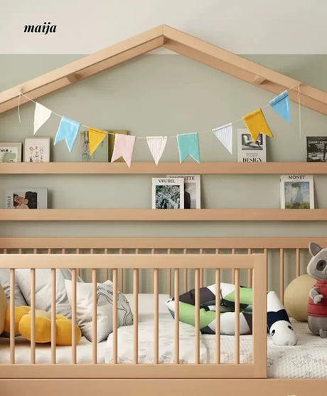 IJOYS Natural Wood Children's Crib with Fence and Bookshelf from IJOYS
