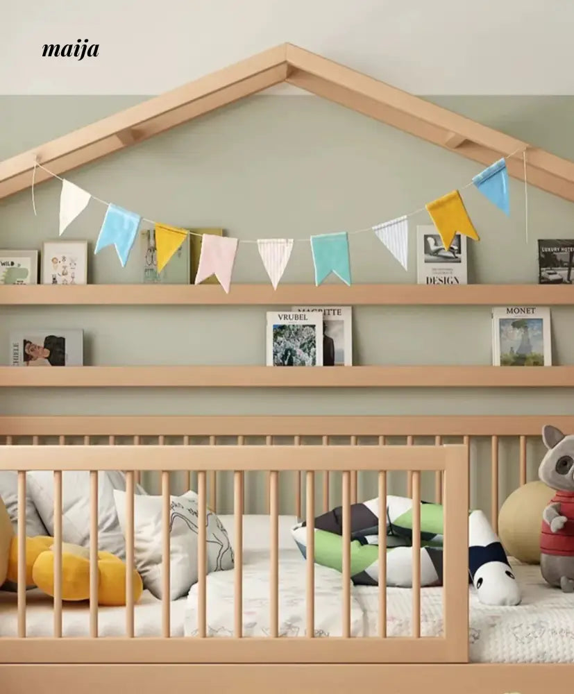 IJOYS Natural Wood Children's Crib with Fence and Bookshelf from IJOYS