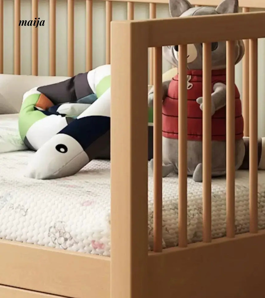 IJOYS Natural Wood Children's Crib with Fence and Bookshelf from IJOYS