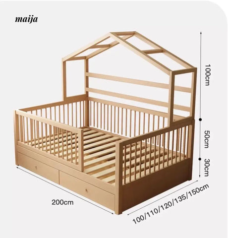 IJOYS Natural Wood Children's Crib with Fence and Bookshelf from IJOYS