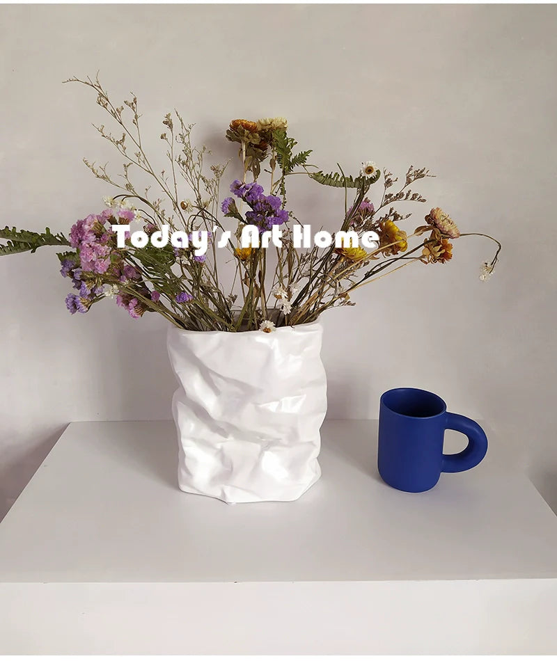 TODAYARTIST Sylvie Folded White Ceramic Flower Vase with Modern Charm from TODAYARTIST
