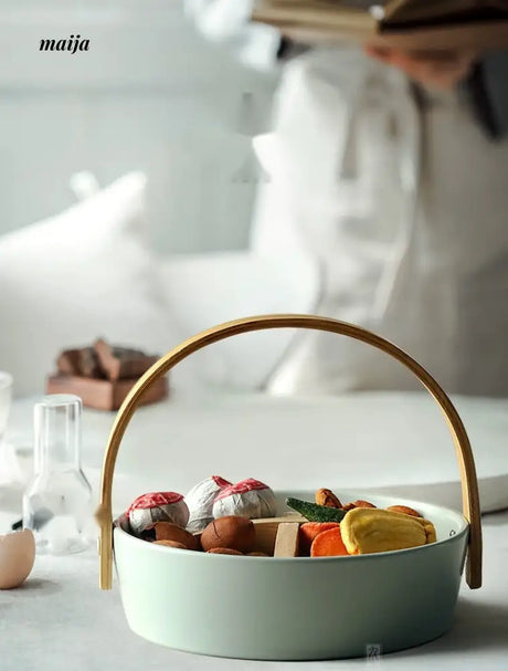 JOTO Ceramic Fruit Platter with Bamboo Lifted Handle from JOTO