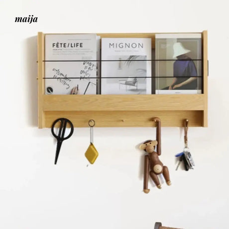 OGI NO RYOHIN Wall Magazine Shelf with Solid Wood Hooks from HOBBYTREE