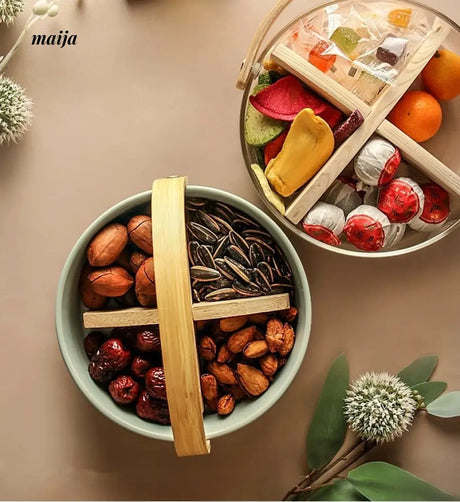 JOTO Ceramic Fruit Platter with Bamboo Lifted Handle from JOTO