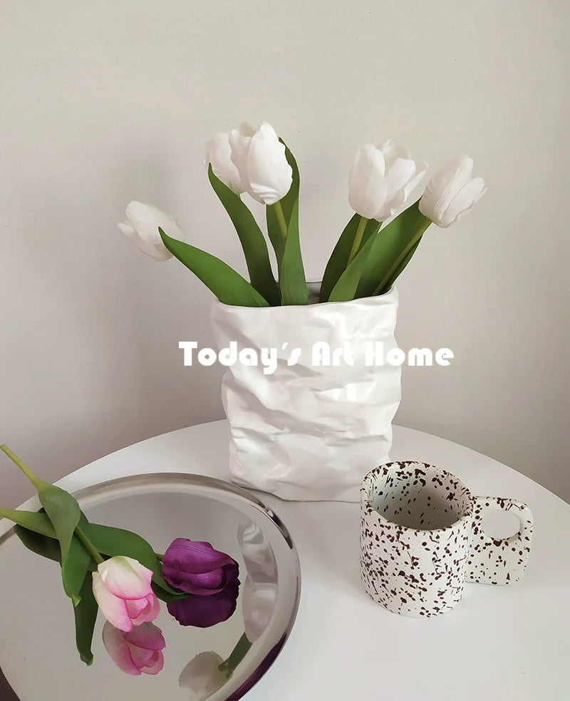 TODAYARTIST Sylvie Folded White Ceramic Flower Vase with Modern Charm from TODAYARTIST