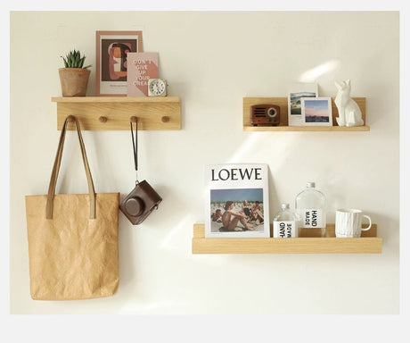 OGI NO RYOHIN Wall-Hung Shelf with Solid Wood Hooks from HOBBYTREE