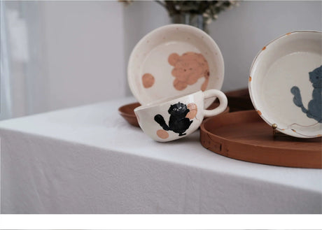 KAWATANI Japanese Ceramic Cute Cat Coffee Mug and Plate from kawatani