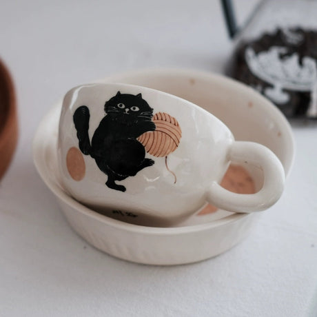 KAWATANI Japanese Ceramic Cute Cat Coffee Mug and Plate from kawatani
