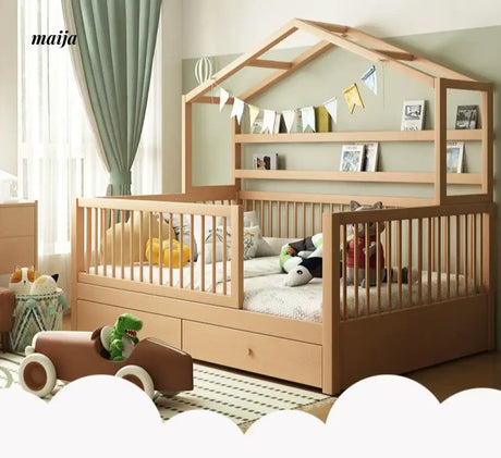IJOYS Natural Wood Children's Crib with Fence and Bookshelf from IJOYS