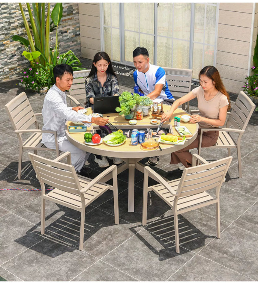 MOJIA Eulalia Wood-Grain Aluminum Barbecue Table for Stylish Courtyards from MOJIA