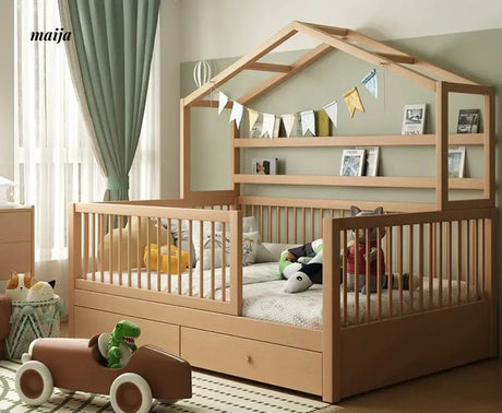 IJOYS Natural Wood Children's Crib with Fence and Bookshelf from IJOYS