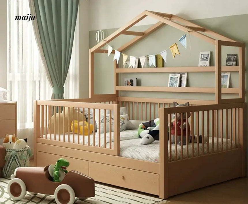 IJOYS Natural Wood Children's Crib with Fence and Bookshelf from IJOYS