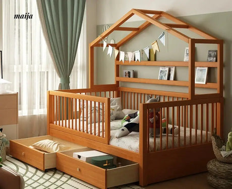 IJOYS Natural Wood Children's Crib with Fence and Bookshelf from Kaiyashi