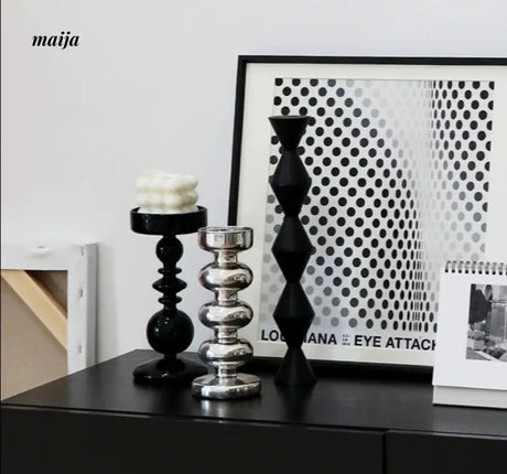 COLOURHUNTER Glossy Black Scandinavian Silver Retro Candle Holder from maija