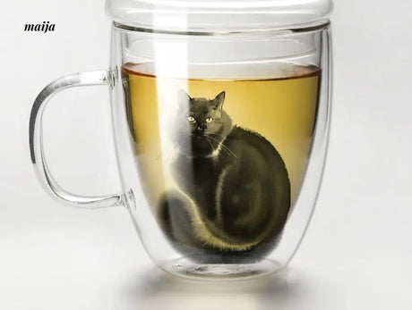 JOTO Handmade Double Layer Glass Cat Handle Coffee Cup from MOSE