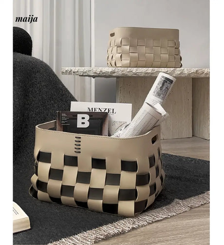 Saddle Checkerboard Woven Leather Basket from maija