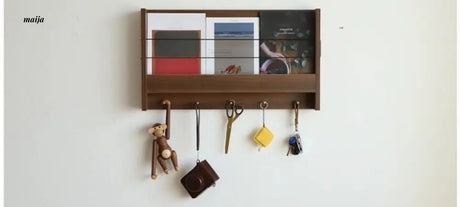 OGI NO RYOHIN Wall Magazine Shelf with Solid Wood Hooks from HOBBYTREE