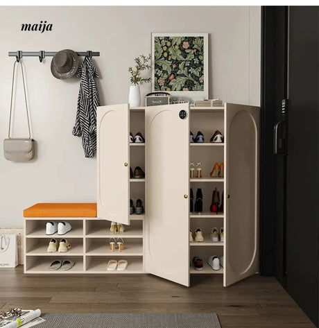 MEIHOUSE Cream Shoe Cabinet with Password Lock Entryway Storage Bench from MEIHOUSE