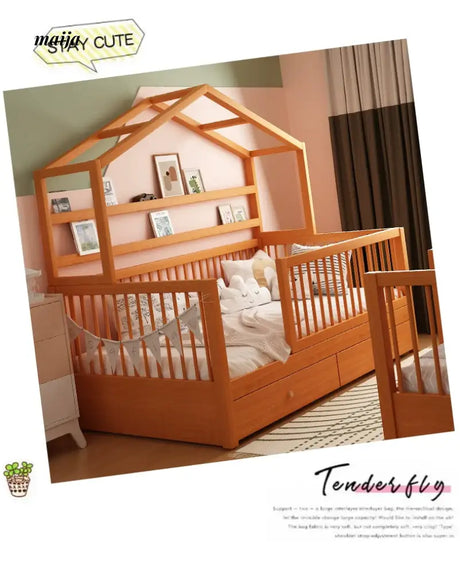IJOYS Natural Wood Children's Crib with Fence and Bookshelf from IJOYS