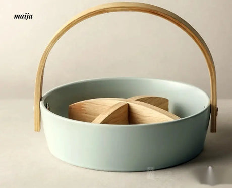 JOTO Ceramic Fruit Platter with Bamboo Lifted Handle from JOTO