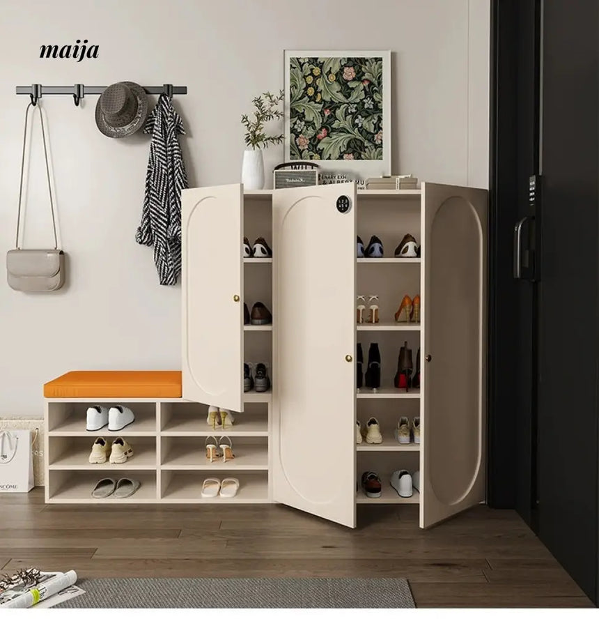 MEIHOUSE Cream Shoe Cabinet with Password Lock Entryway Storage Bench from MEIHOUSE