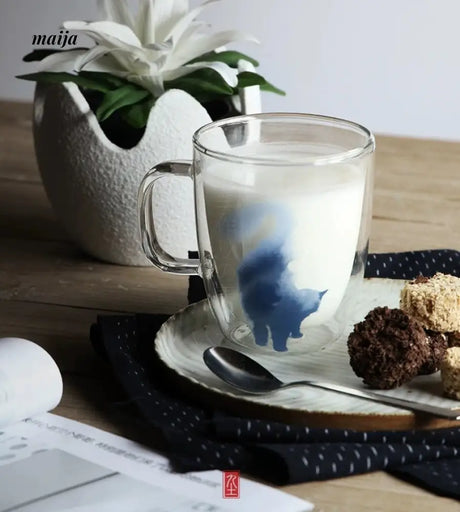 JOTO Handmade Double Layer Glass Cat Handle Coffee Cup from MOSE