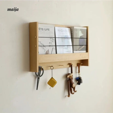 OGI NO RYOHIN Wall Magazine Shelf with Solid Wood Hooks from HOBBYTREE