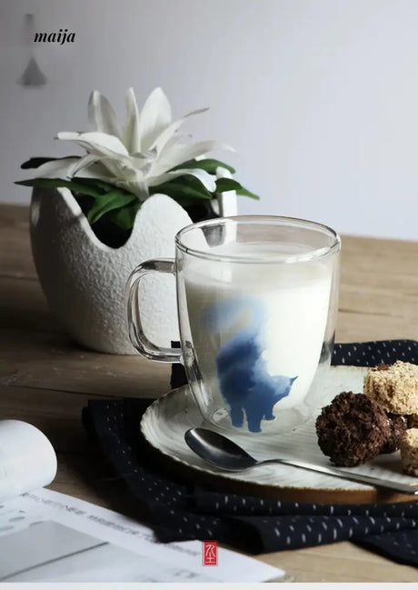 JOTO Handmade Double Layer Glass Cat Handle Coffee Cup from MOSE