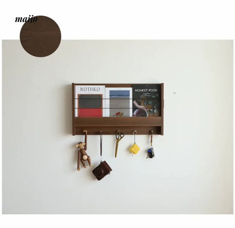 OGI NO RYOHIN Wall Magazine Shelf with Solid Wood Hooks from HOBBYTREE