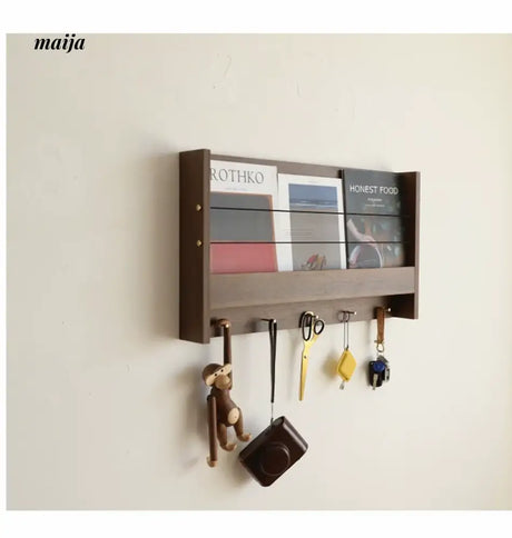 OGI NO RYOHIN Wall Magazine Shelf with Solid Wood Hooks from HOBBYTREE
