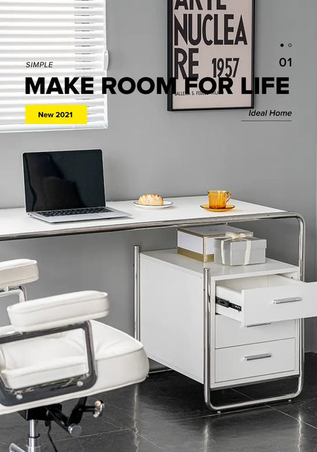 ABOUT WHITE Isadora Minimalist Steel Modern Office Desk from ABOUT WHITE