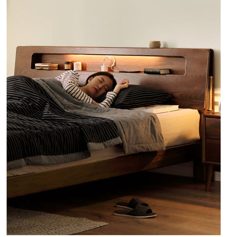 GENJI Yamanaka Solid Oak Modern Bed with Socket - Nordic Style Single Bed from GENJI