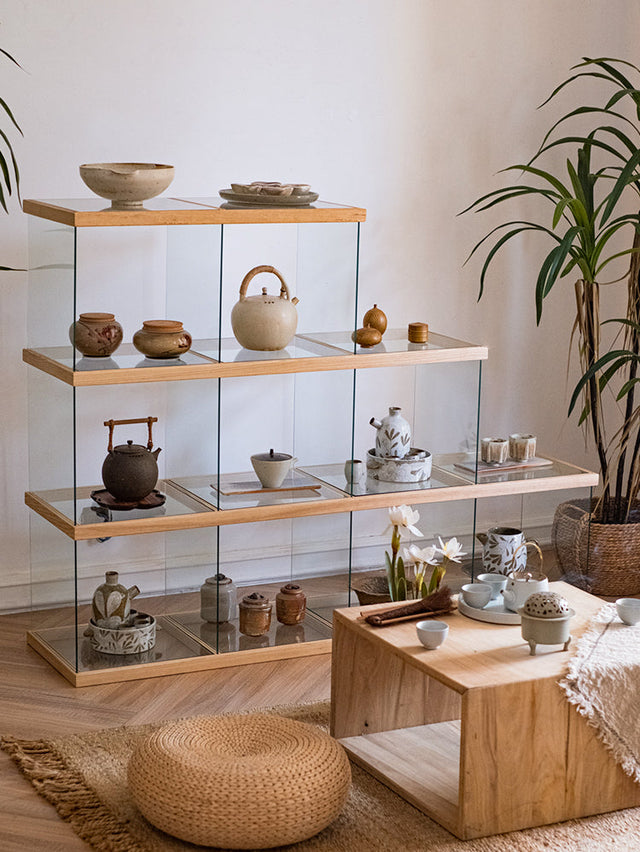 JUHAN Kazuki Elegant Solid Wood Glass Cabinet Display Teaset Shelf from JUHAN