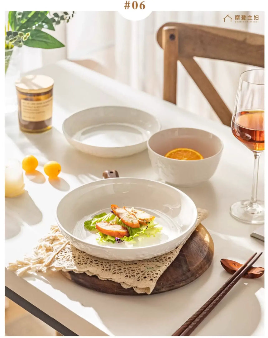 MH Seraphina Elegant White Ceramic Deep Plate Set from MH