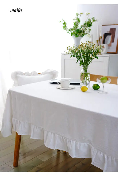 White Ruffle Linen Tablecloth from maija