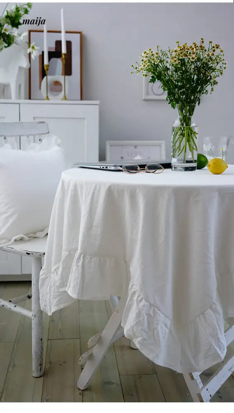 White Ruffle Linen Tablecloth from maija