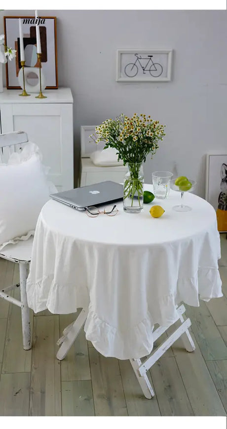 White Ruffle Linen Tablecloth from maija