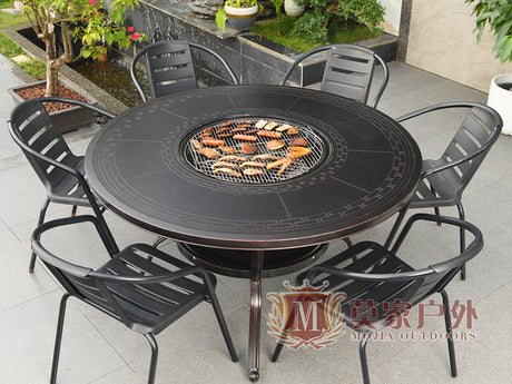 MOJIA Evander Cast Aluminum Outdoor Dining Set with Integrated Grill from MOJIA