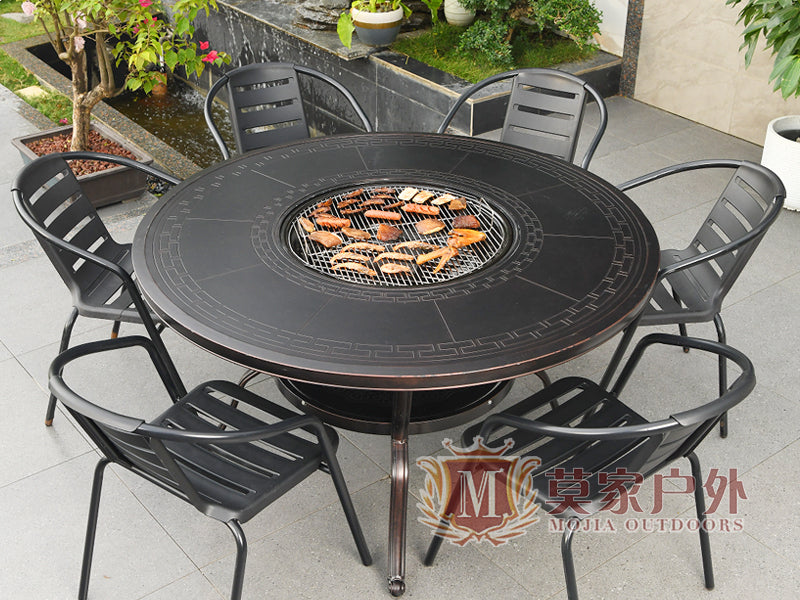 MOJIA Evander Cast Aluminum Outdoor Dining Set with Integrated Grill from MOJIA