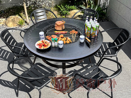 MOJIA Evander Cast Aluminum Outdoor Dining Set with Integrated Grill from MOJIA